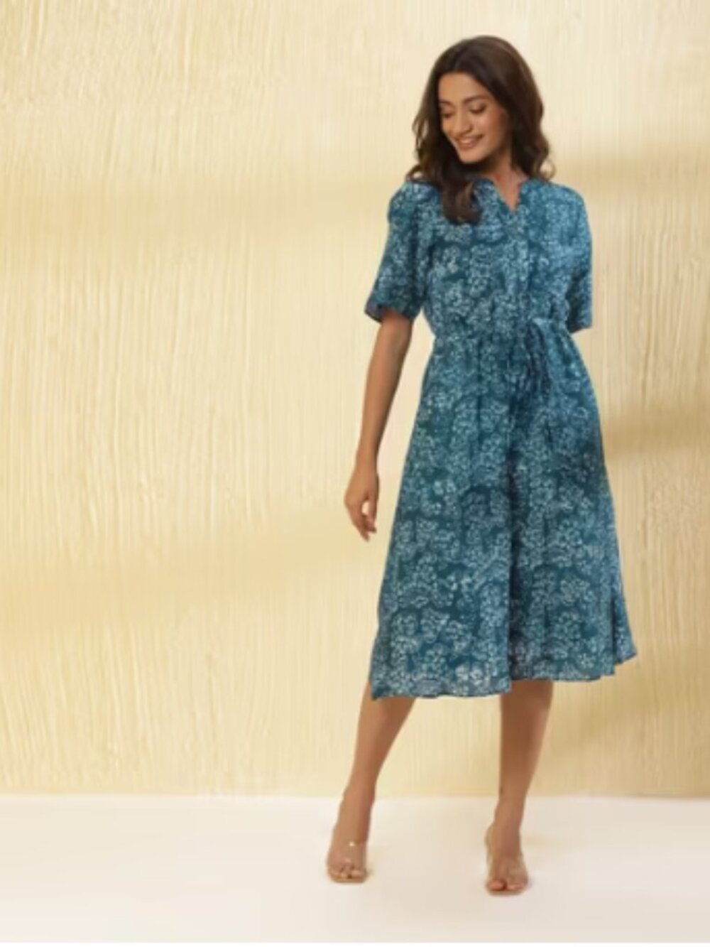 Fabindia Teal Batik Print Boho Midi Dress Tie Waist Rayon Blend M